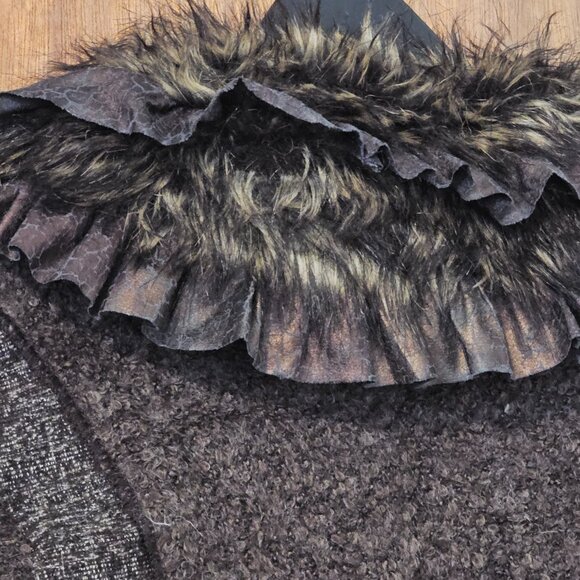 Boston Proper XS Brown Tweed Boucle Knit Faux Fur Ruffle Trimmed Sweater Jacket - Picture 3 of 5